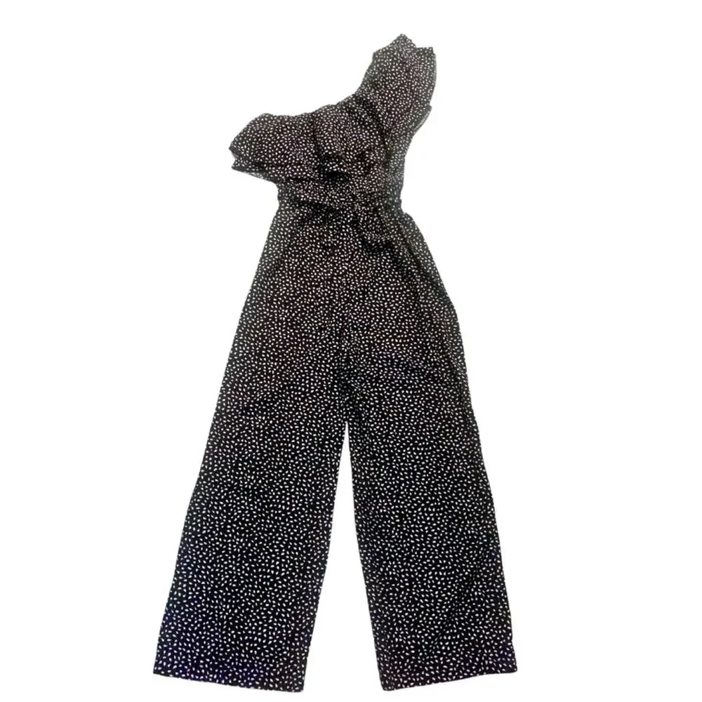 One Shoulder Ruffle Black White Dot Print Jumpsuit Sleeveless Wide Leg Coquette - Picture 5 of 8